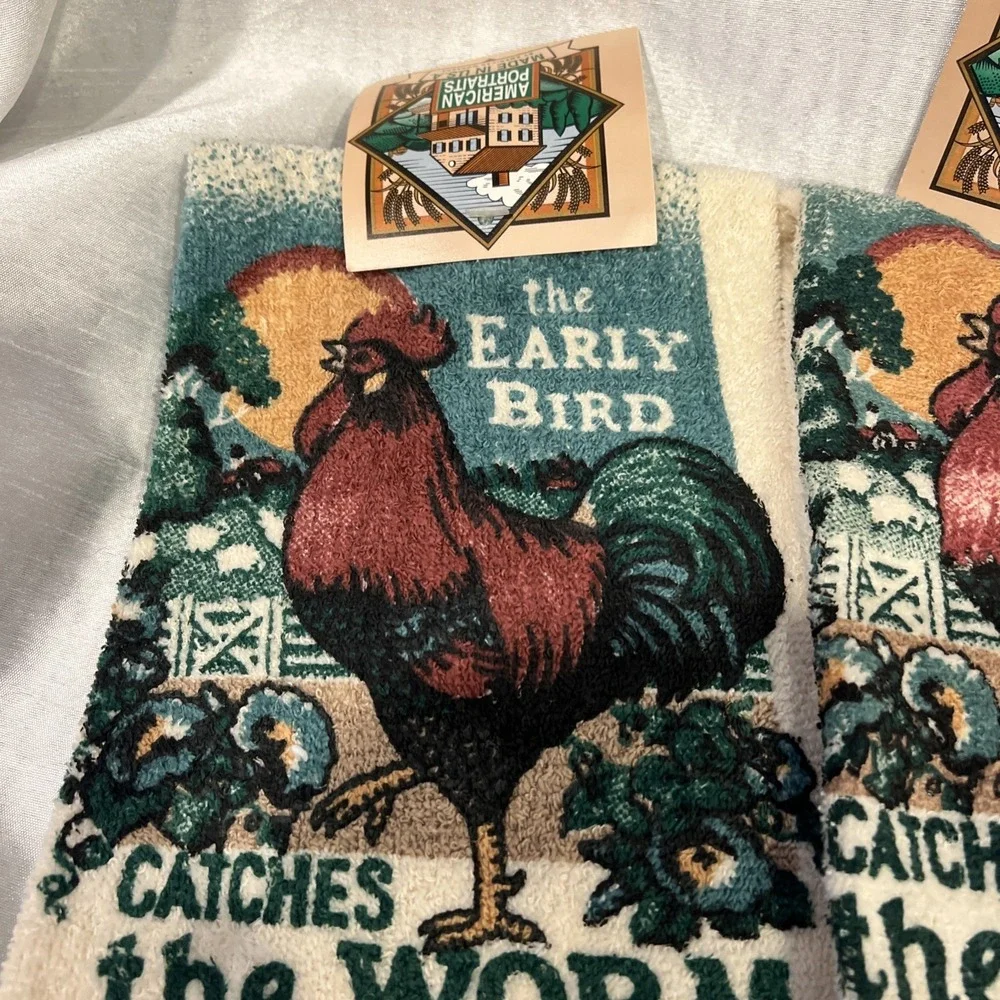 Vtg 1994 3pc Dish Towels & Pot Holder Rooster Franco Farmhouse Made‎ In USA